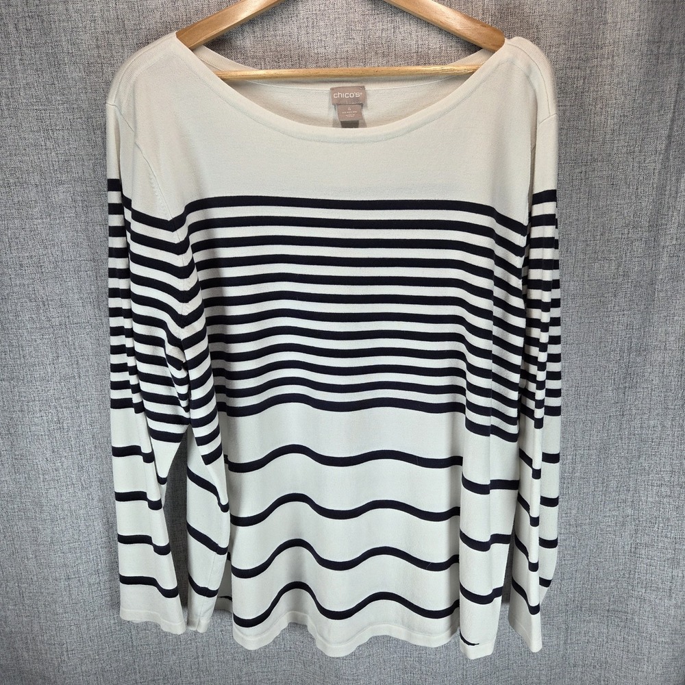 CHICOS Womens‎ Sweater LS Classic Black White Stripe Boatneck Size 4 (2X)